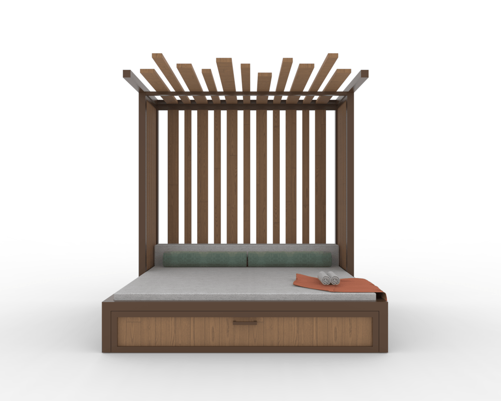 Academy Design's Castaway daybed, photo taken from the front, showcasing its corrosion-resistant 6061-T6 aluminum frame. The front side is open air, while the roof boasts a jagged slat system with varying lengths, available in either natural hardwood or powder-coated aluminum. The back side features a slat system, epitomizing tropical luxury and comfort.