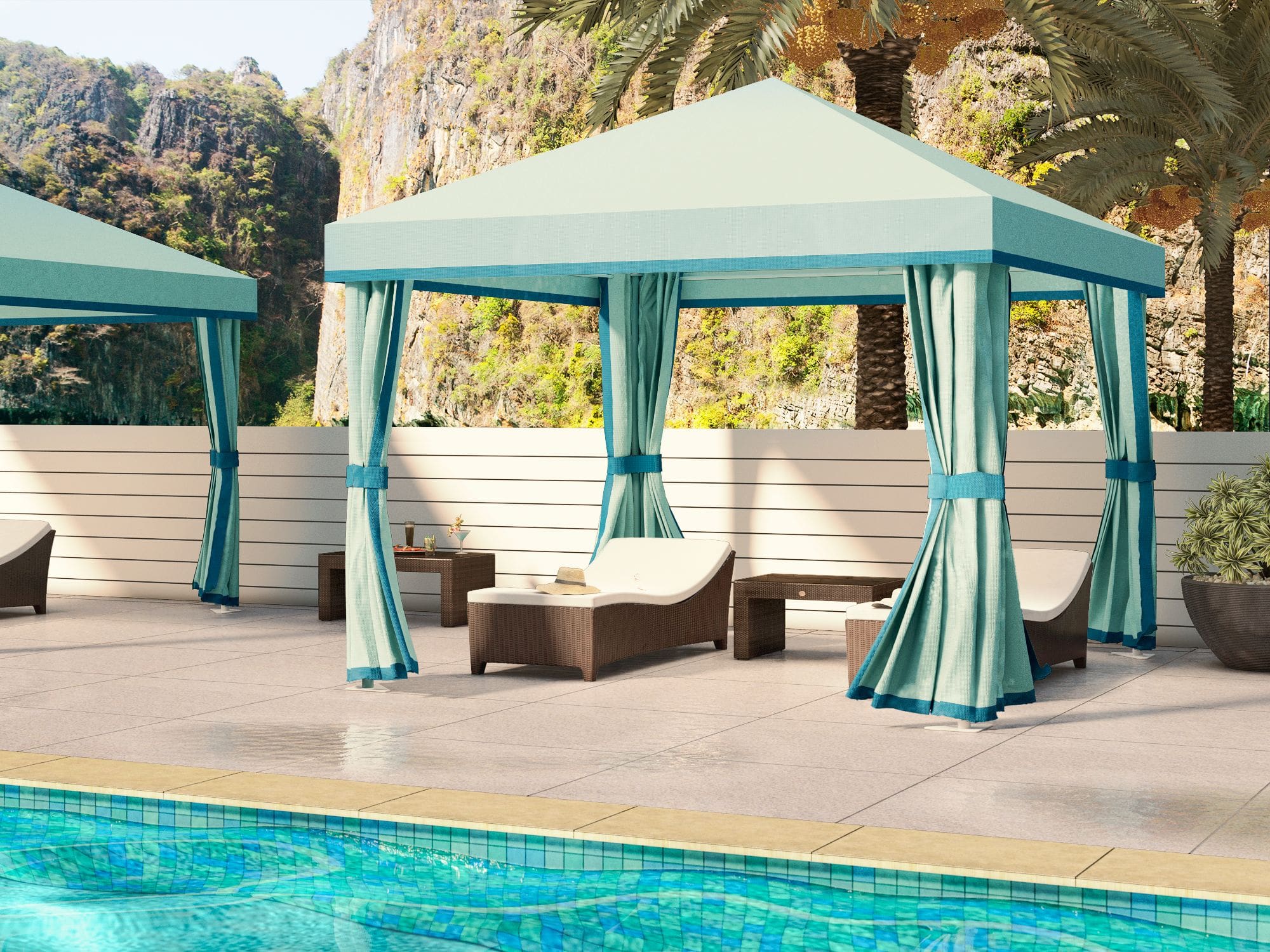 Academy Design's Presidential cabana, perspective view, emphasizing its corrosion-resistant 6061-T6 aluminum frame and elegant marine-grade fabric peaked roof with a hard valance. The mock curtains, crafted from marine-grade upholstery fabric, gracefully wrap around the cabana's posts, blending style and functionality for premium outdoor spaces.