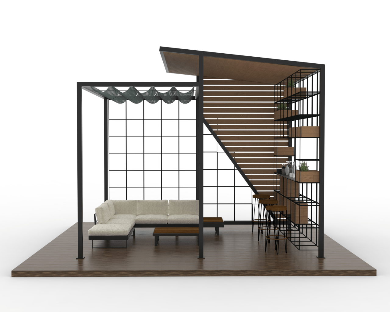 Academy Design's Blacksand cabana, front view, with a corrosion-resistant 6061-T6 aluminum frame. The open-air front contrasts with the mixed roof of slide-on-wire fabric and slats, and a diagonally split back design of aluminum grid and slats, embodying modern luxury.