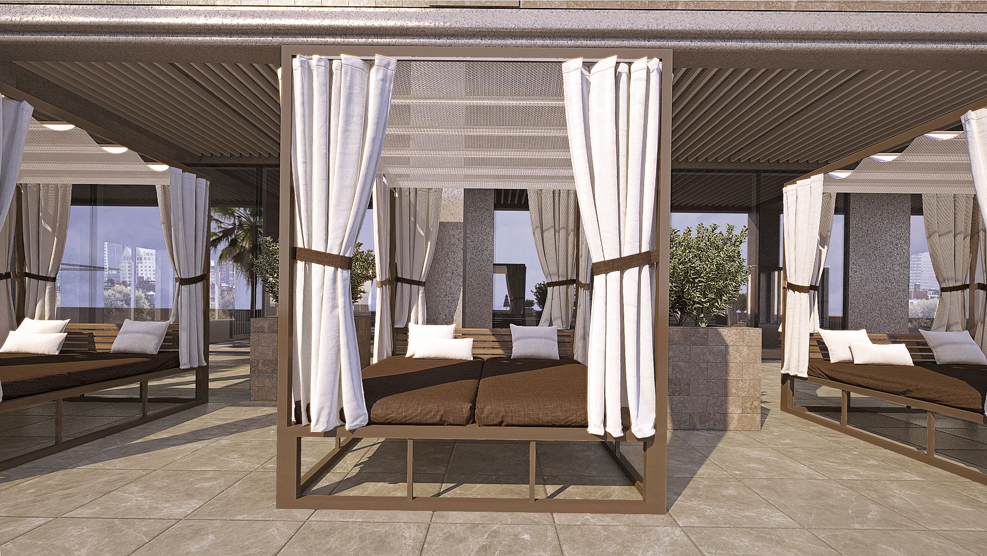 Academy Design's Chateau daybed, photo taken from the front, showcasing its corrosion-resistant 6061-T6 aluminum frame. The daybed features a slide-on wire single panel roof made of marine-grade woven vinyl fabric. All sides, including the front, are adorned with full privacy curtains made of marine-grade upholstery fabric, which can be closed for shade or privacy, epitomizing luxury and comfort for outdoor relaxation.