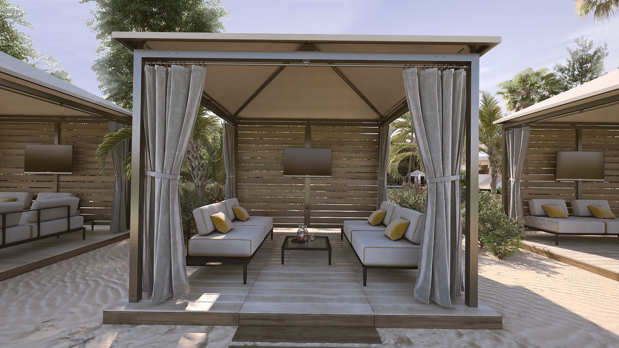 Academy Design's VIP cabana, photo taken from the front, showcasing its corrosion-resistant 6061-T6 aluminum frame and marine-grade fabric peaked roof with no valance. The full privacy curtains, made of marine-grade upholstery fabric, can be closed for shade or privacy, epitomizing luxury for upscale hospitality settings.