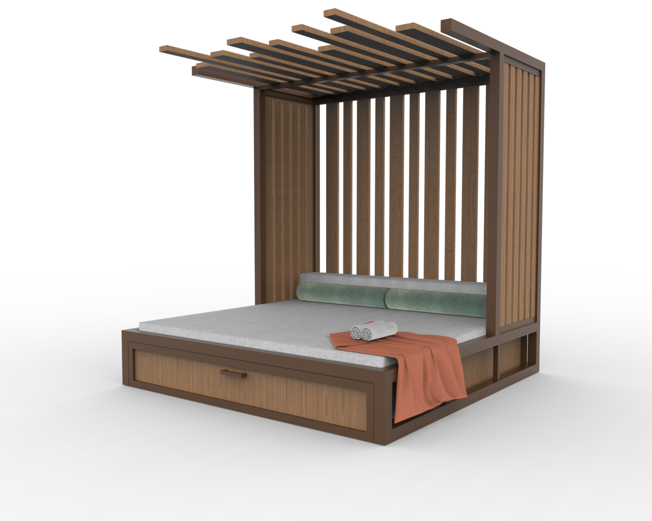 Academy Design's Castaway daybed, right perspective view, showcasing its durable 6061-T6 aluminum frame. The right side features an aluminum box grid with storage compartments, while the roof and back side are adorned with slats, either in natural hardwood or powder-coated aluminum, offering a blend of luxury and functionality.