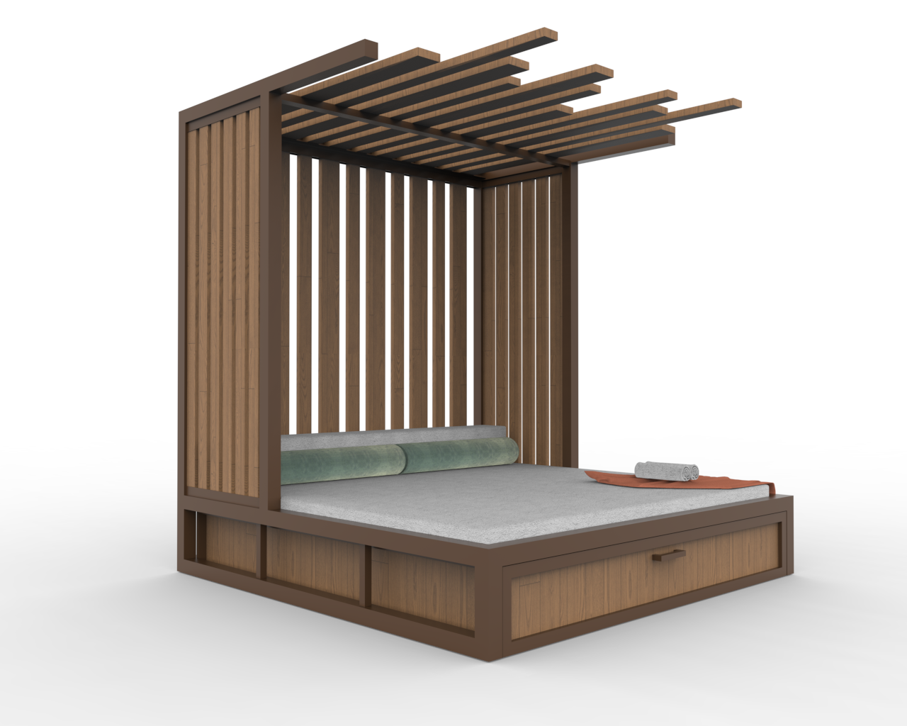 Academy Design's Castaway daybed, left perspective view, emphasizing its corrosion-resistant 6061-T6 aluminum frame. The side showcases a portion with slats, while the rest is open air, and the roof features a distinct jagged slat design, capturing the essence of a tropical paradise.