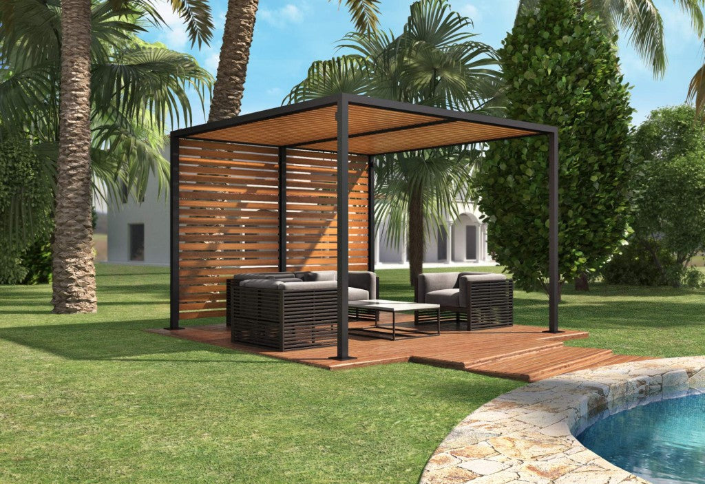 Academy Design's Trustee cabana, photo taken from the left side, highlighting its corrosion-resistant 6061-T6 aluminum frame. The open-air design on the left side contrasts with the slat system on the back, which can be crafted from natural hardwood or powder-coated aluminum, perfect for architectural projects in luxury resorts.