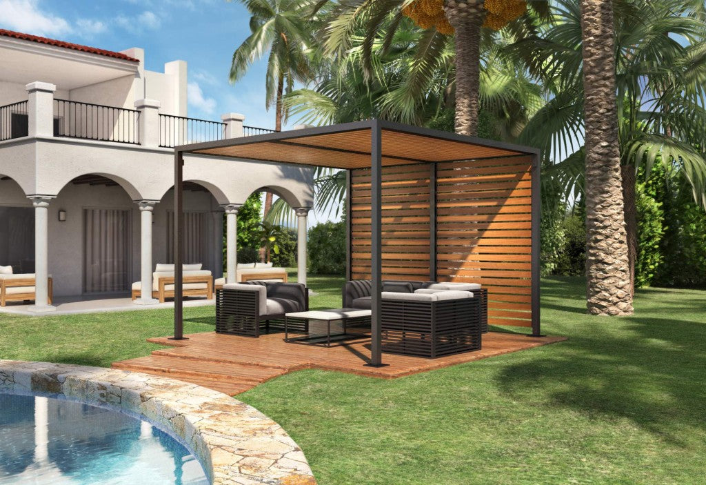 Academy Design's Trustee cabana, photo taken from the right side, emphasizing its corrosion-resistant 6061-T6 aluminum frame. The right side is open air, while the back features a slat system, available in either natural hardwood or powder-coated aluminum, ideal for luxury resort projects.