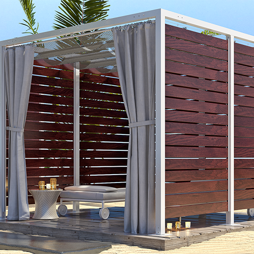 Academy Design's Chairman cabana, another perspective view, highlighting its corrosion-resistant 6061-T6 aluminum frame and sophisticated design with a slide-on-wire multi-panel roof. The cabana's sides and back feature a slat system, crafted from either natural hardwood or powder-coated aluminum, adding a touch of elegance. The full-privacy curtains on the front side ensure a personal haven, making it a top choice for luxury resorts.
