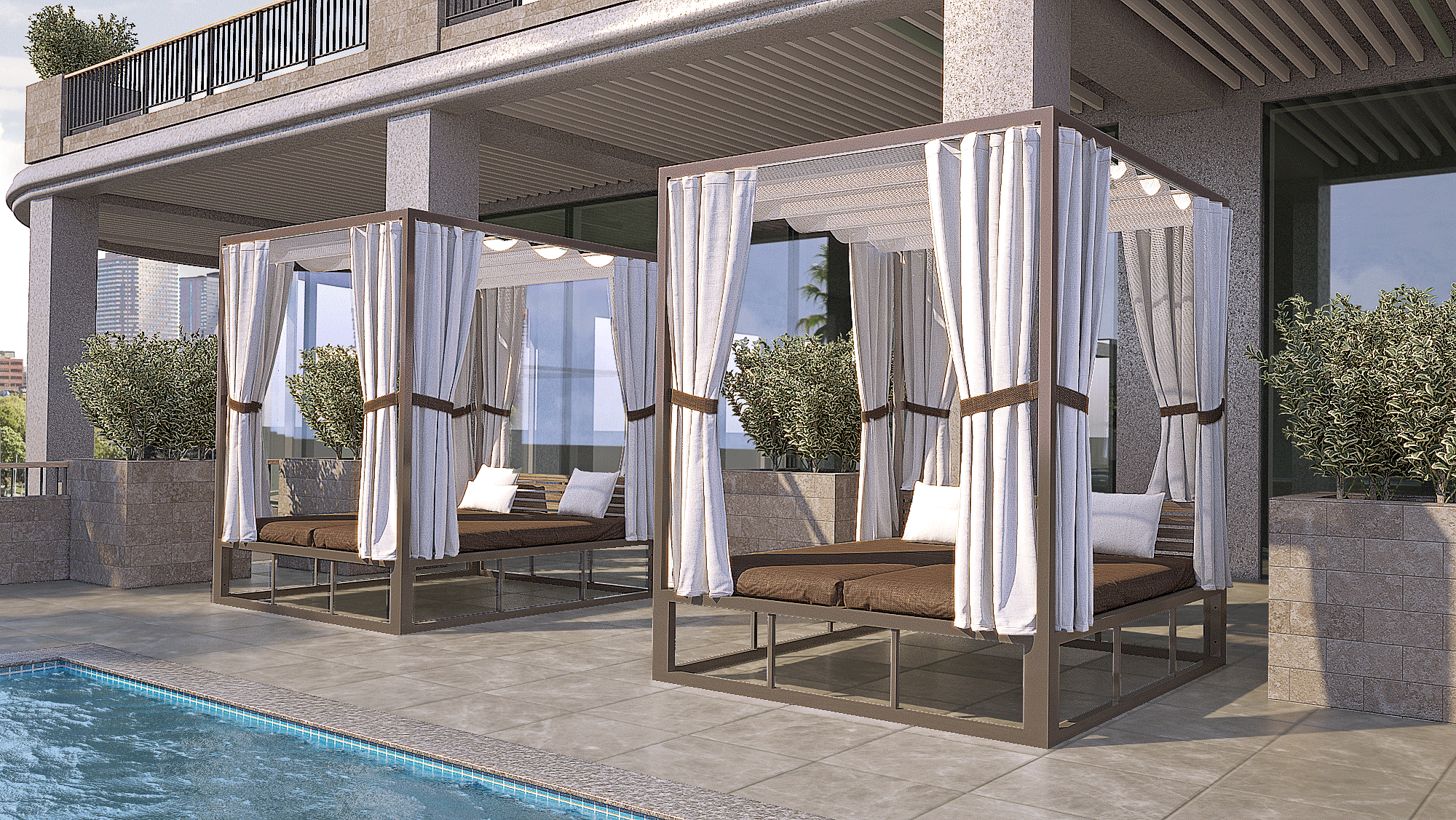 Academy Design's Chateau daybed, right perspective view, highlighting its durable 6061-T6 aluminum frame. The slide-on wire roof and full privacy curtains on all sides, crafted from marine-grade upholstery fabric, make it a top choice for those seeking a luxurious outdoor haven.