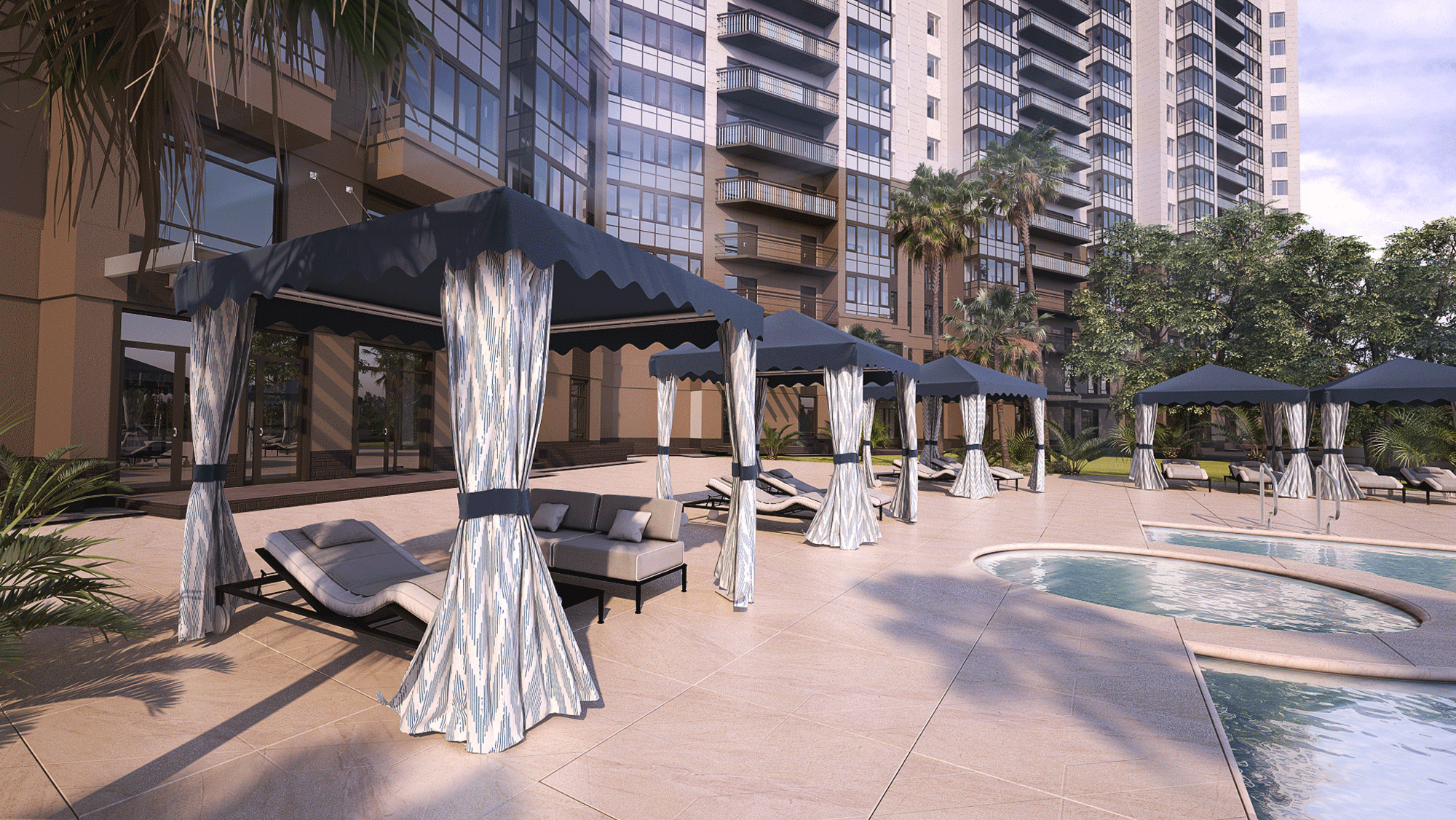 Academy Design's Executive cabana, perspective view, emphasizing its corrosion-resistant 6061-T6 aluminum frame and elegant marine-grade fabric peaked roof with a loose valance. The mock curtains, crafted from marine-grade upholstery fabric, gracefully wrap around the cabana's posts, blending style and functionality for premium outdoor spaces.