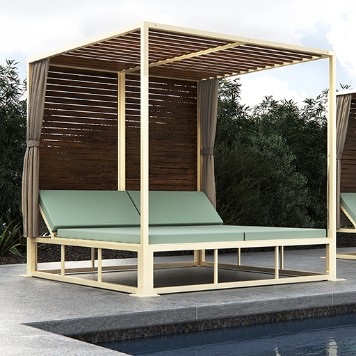 Academy Design's Haven daybed, photo taken from the left side, emphasizing its 6061-T6 aluminum frame and slat system roof. The left side is adorned with full privacy curtains made of marine-grade upholstery fabric, which can be closed for shade or privacy, blending style and functionality.