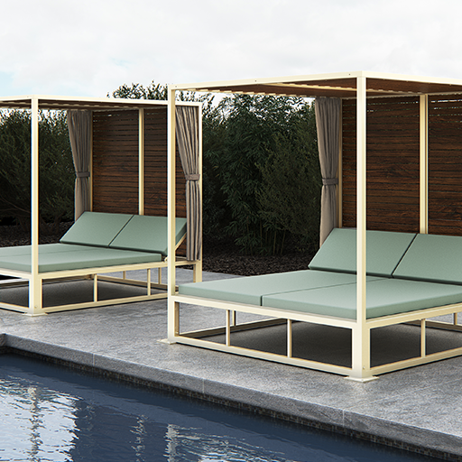 Academy Design's Haven daybed, photo taken from the right side, highlighting its durable 6061-T6 aluminum frame. The right side features full privacy curtains made of marine-grade upholstery fabric, while the roof and back side showcase the slat system, available in either natural hardwood or powder-coated aluminum, epitomizing luxury and comfort.
