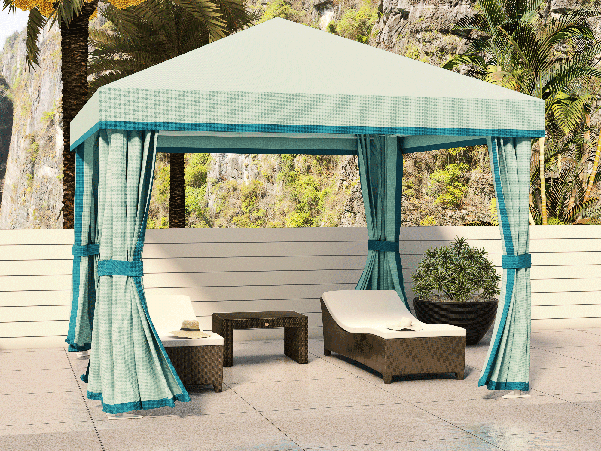 Academy Design's Presidential cabana, photo taken from the front, showcasing its corrosion-resistant 6061-T6 aluminum frame with a marine-grade fabric peaked roof featuring a hard valance. The mock curtains, made of marine-grade upholstery fabric, wrap around the structure's posts to conceal hardware, epitomizing luxury for upscale hospitality settings.