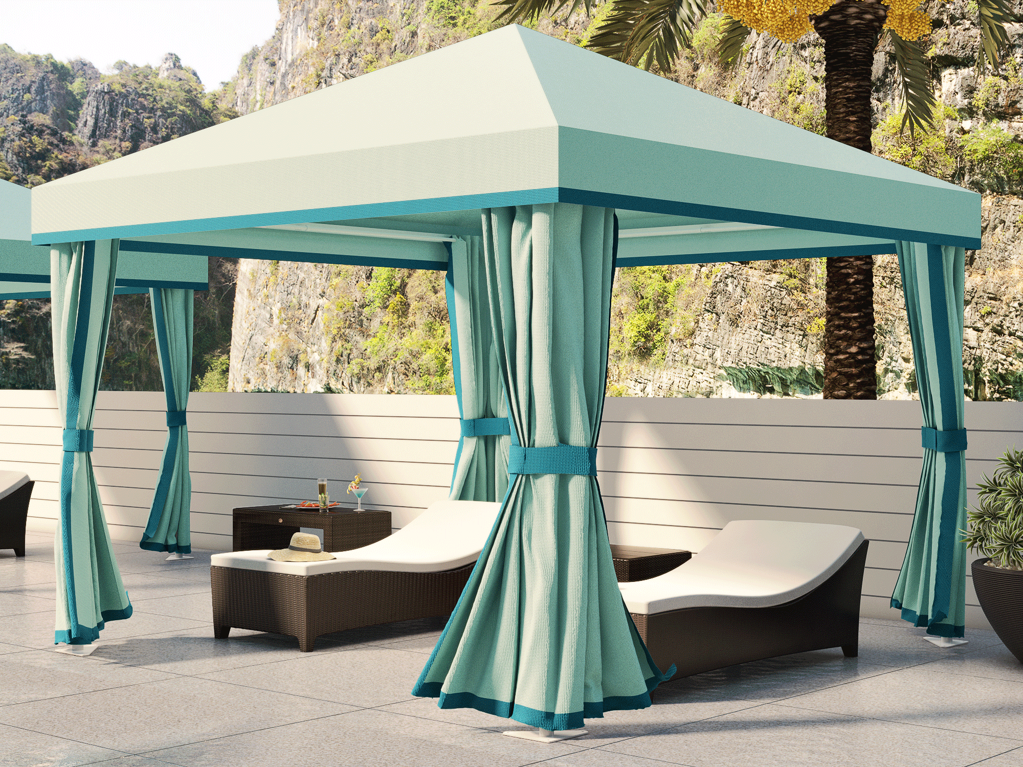 Academy Design's Presidential cabana, another perspective view, highlighting its corrosion-resistant 6061-T6 aluminum frame and timeless design with a marine-grade fabric peaked roof featuring a hard valance. The mock curtains, made from marine-grade upholstery fabric, add sophistication while concealing the structure's hardware, making it a top choice for luxury resorts.