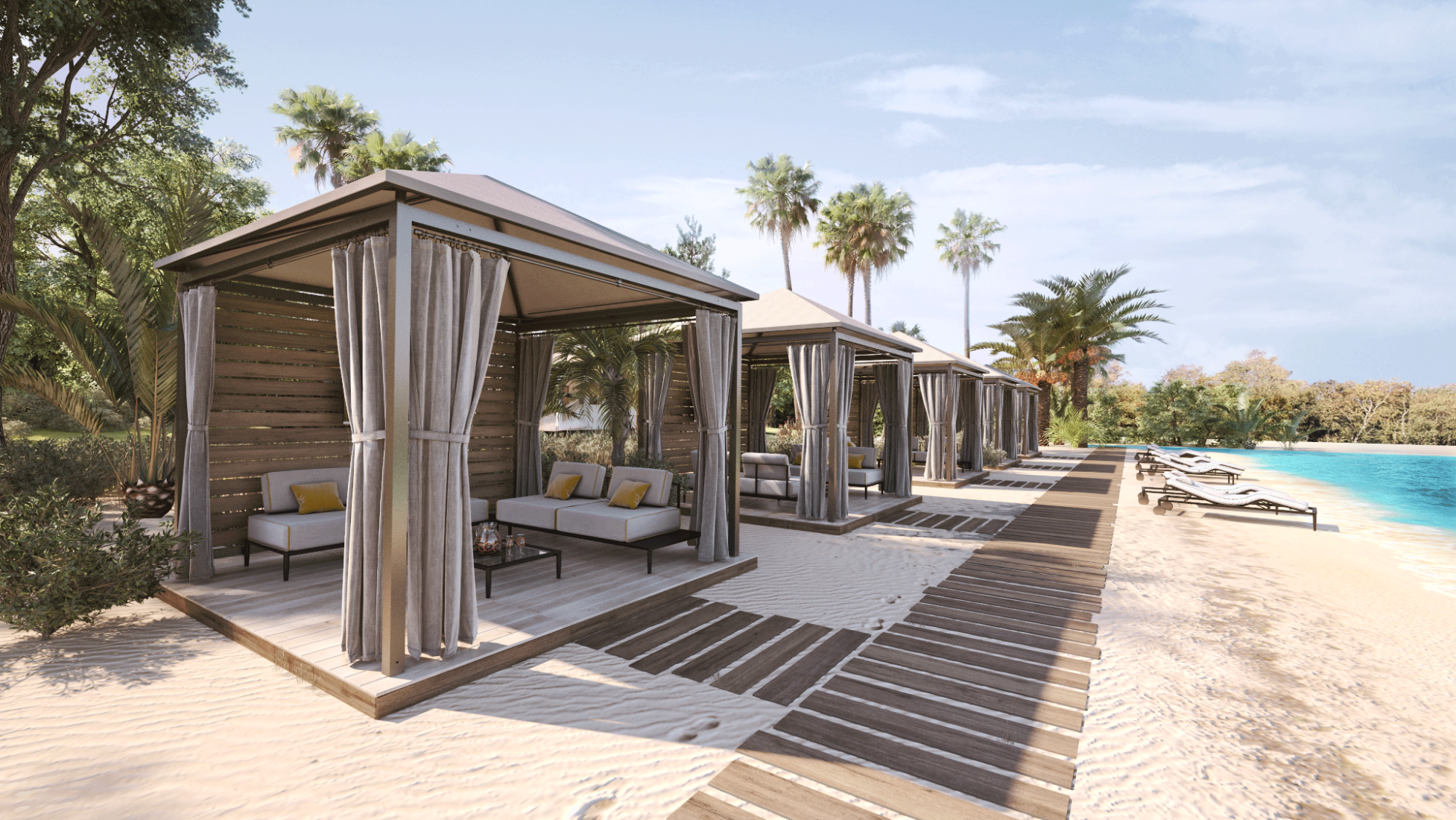 Academy Design's VIP cabana, photo taken from the left side, highlighting its corrosion-resistant 6061-T6 aluminum frame. The marine-grade fabric peaked roof without valance, slat system on the back side available in natural hardwood or powder-coated aluminum, and full privacy curtains made of marine-grade upholstery fabric exemplify luxury for architectural projects in resorts.