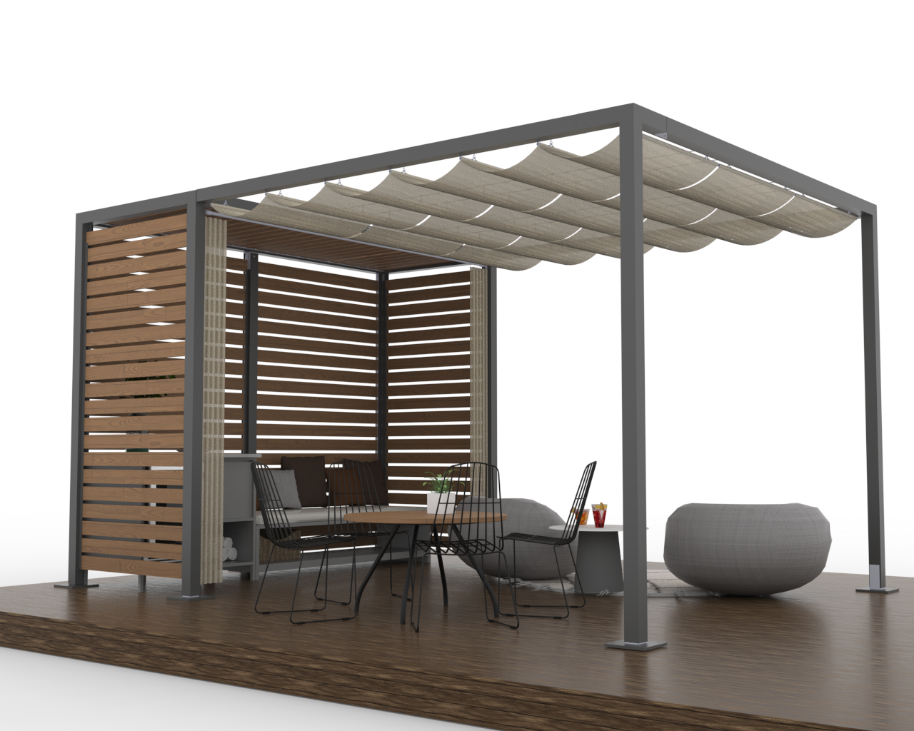 Academy Design's Siesta cabana, perspective view, showcasing its corrosion-resistant 6061-T6 aluminum frame with a slide-on-wire roof made of marine-grade woven vinyl fabric. The sides blend open air with a slat system, while the interior boasts full privacy curtains made of marine-grade upholstery fabric, offering luxury and style for outdoor spaces.